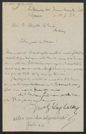 Brief an B. Schott's Söhne : 14.07.1922