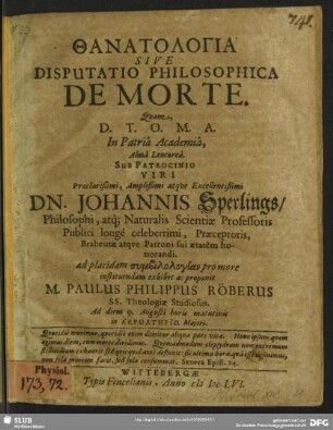 Thanatologia Sive Disputatio Philosophica De Morte