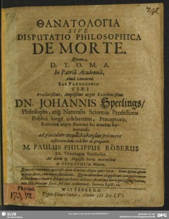 Thanatologia Sive Disputatio Philosophica De Morte