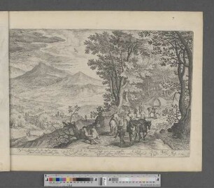 [Reisende und Pferde auf einer Landstraße im Wald]