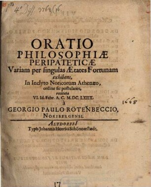 Oratio, philosophiae peripateticae variam per singulas aetates fortunam exhibens