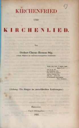 Kirchenfried und Kirchenlied : (Anhang: Die Sänger im unverfälschten Liedersegen)