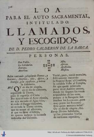 Loa para el Auto Sacramental Llamados, y Escogidos.