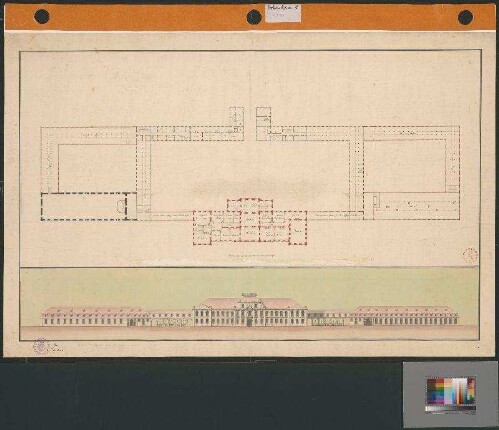 Schloss Hohenheim, Grundriss 1. Obergeschoss und Ansicht der Hofseite