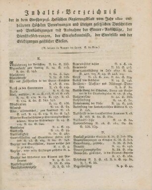 Inhalts-Verzeichniß der in dem Großherzogl. Hessischen Regierungsblatt vom Jahr 1820 enthaltenen Höchsten Verordnungen und übrigen gesetzlichen Vorschriften und Verkündigungen ...