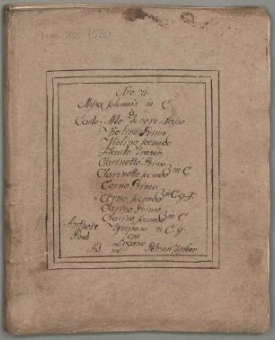 Masses, V (4), Coro, orch, org, C-Dur - BSB Mus.ms. 7530 : [dust cover title:] Nro. 71. // Missa solemnis in C // Canto, Alto, Tenore, Basso // Violino Primo // Violino secundo // Flauto traver // Clarinett]o Primo // [brace:] in C // Clarinetto secundo // Corno Primo // [brace:] in C. G. F. // Corno secundo // Clarino Primo // [brace:] in C // Clarino secundo // Tympani in C. G. // con // Organo // Ad me Petrum Huber // [left side:] Authore // Posch