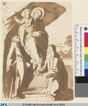Maria mit dem Kind und den Hl. Dominikus und Klara; Federproben