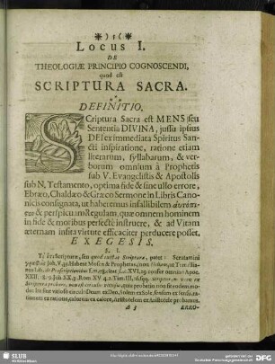 Locus I. De Theologiae Principio Cognoscendi, quod est Scriptura Sacra