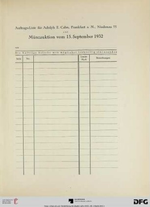 Auftrags-Liste für Adolph E. Cahn, Frankfurt a.M., Niedenau 55