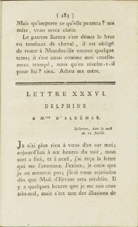 Lettre XXXVI. Delphine A M.lle D'Albémar. Bellerive, dans la nuit du 12. Juillet.