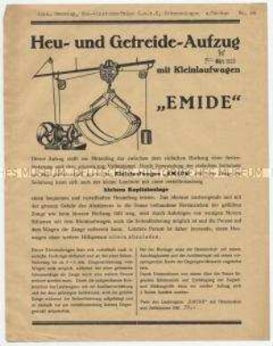 Heu- und Getreide-Aufzug mit Kleinlaufwagen "EMIDE"