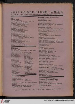 Verlag Der Sturm / Musik / Sturm-Karten / Sturm-Ausstellungskataloge / Kunstdrucke / Sturm-Buchhandlung