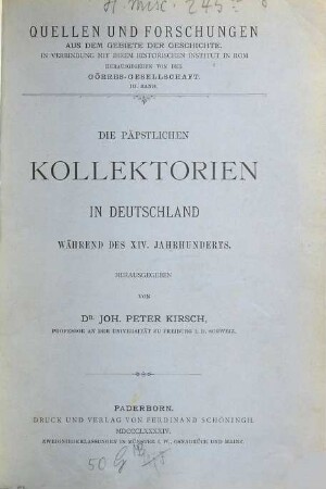 Die päpstlichen Kollektorien in Deutschland während des XIV. Jahrhunderts