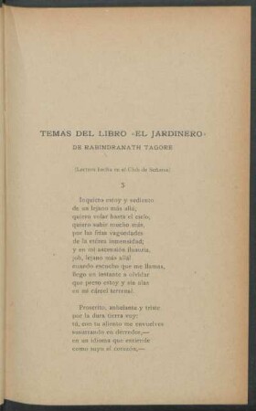 Temas del libro "El Jardinero" de Rabindranath Tagore : (Lectura hecha en el Club de Señoras)