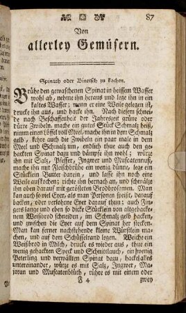 Spinath oder Binetsch zu kochen. - Gefüllte Eyer-Flädlein.