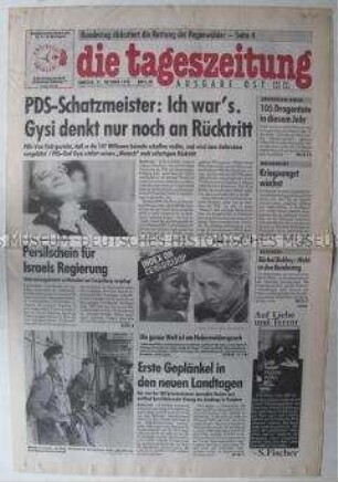 Fragment der Ost-Ausgabe der "tageszeitung" u.a. über das Parteivermögen der PDS
