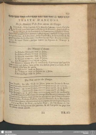 Traité D'Ancone. De ses Monnoyes & des Prix courans des Chaages