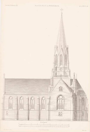 Elisabeth-Kirche, Wilhelmshaven: Seitenansicht (aus: Atlas zur Zeitschrift für Bauwesen, hrsg. v. G. Erbkam, Jg. 24, 1874)