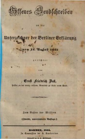 Offenes Sendschreiben an die Unterzeichner der Berliner Erklärung vom 15. August 1845 gerichtet