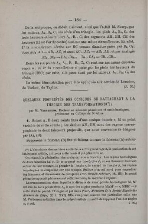 QUELQUES PROPRIÉTÉS DES CONIQUES SE RATTACHANT A LA THÉORIE DES TRANSFORMATIONS.