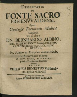 Dissertatio De Fonte Sacro Freienwaldensi