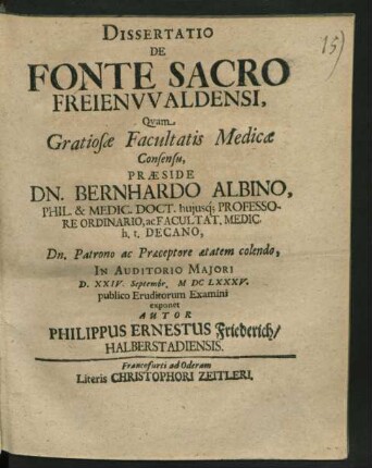 Dissertatio De Fonte Sacro Freienwaldensi