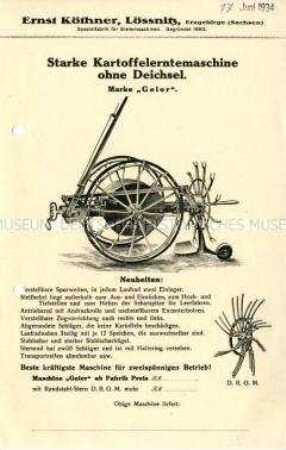 Starke Kartoffelerntemaschine ohne Deichsel. Marke "Geier".