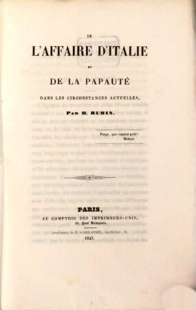 De l'affaire d'Italie et de la papauté dans les circonstances actuelles