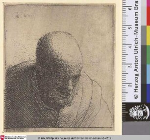 [Brustbild eines nach unten blickenden, kahlköpfigen Mannes; Bald Man with Open Mouth, Looking Down: Bust; Vieillard à tête chauve]