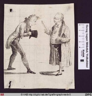 Ein Mann mit dem Hut in der Hand nähert sich devot einem anderen mit Hausmantel und Brille, der ein Schriftstück in der Hand hält.