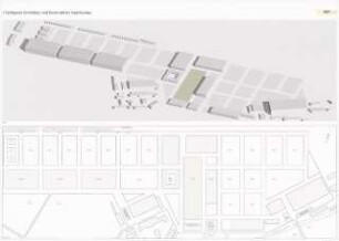 Architektonisches Ausstellungskonzept für die ILA 1998 in Schönefeld. Hangar, Pressetribünen, Tower, Chalets Schinkelwettbewerb 1997: Gesamtanlage. Isometrische Ansicht, Lageplan 1:1000
