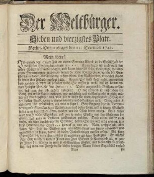 Sieben und vierzigstes Blatt. Berlin, Donnerstags den 21. December 1741.