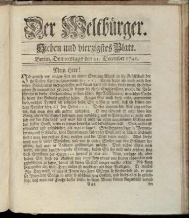 Sieben und vierzigstes Blatt. Berlin, Donnerstags den 21. December 1741.