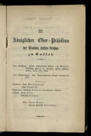 Königliches Ober-Präsidium der Provinz Hessen-Nassau zu Cassel