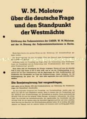Sonderdruck mit der Erklärung von UdSSR-Außenminister Molotow auf der Berliner Außenministerkonferenz zur Deutschlandfrage