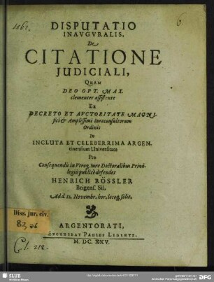 Disputatione Inauguralis, De Citatione Iudiciali : Ad d. 12. Novembr.