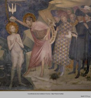 Szenen aus dem Leben Johannes des Täufers, Kreuzigung und Madonna mit verschiedenen Heiligen : Taufe Christi