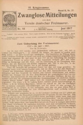 Nr. 44 Juni 1917 18. Kriegsnummer. Band II, Nr. 27.
