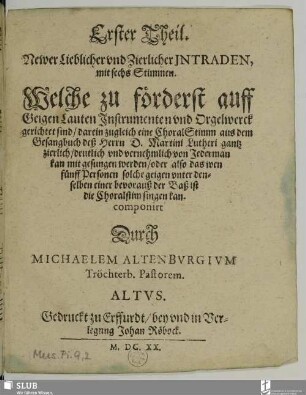 1: Erster Theil Newer Lieblicher vnd Zierlicher Intraden mit sechs Stimmen