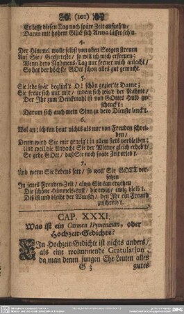 Cap. XXXI. Was ist ein Carmen Hymenaeum, oder Hochzeits-Gedichte?