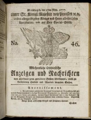 No. 46. Montags, den 17ten Nov. 1777.