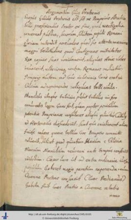 Handschriftliches Argumentum Huius Orationis