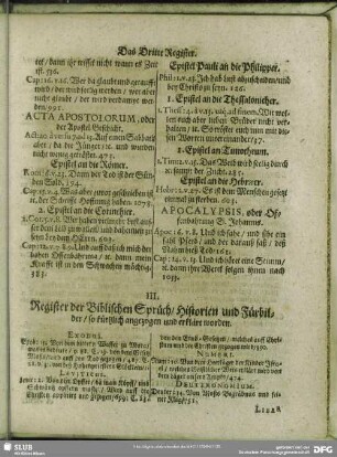 III. Register der Biblischen Sprüch, Historien und Fürbilder, so kürtzlich angezogen und erklärt worden