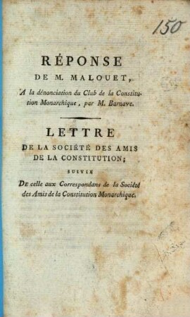 Réponse de M. Malouet à la dénonciation du Club de la Constitution monarchique, par M. Barnave