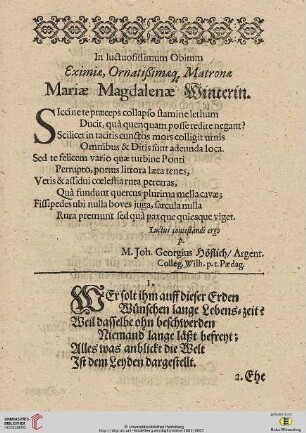 In luctuosissimum Obitum Eximia, Ornatißimaq Matrona Mariae Magdalenae Winterin