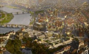 Dresden. Altstadt mit Theaterplatz, Semperoper, Zwinger, Katholischer Hofkirche, Residenzschloss, Frauenkirche und Sophienkirche. Luftbild von Westen über die Elbe mit Augustus- und Carolabrücke