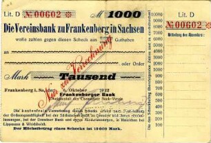 Vereinsbank Frankenberg: 1.000 Mark 1922