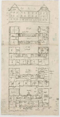Fischer, Theodor; Lindenberg / Allgäu (Bayern); Haushaltungsschule mit Ökonomiegebäude und Kapelle - Grundriss EG, Grundriss 1. OG, Grundriss 2. OG, Grundriss 3. OG, Ansicht