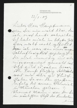 Brief von Samuel Fischer an Gerhart Hauptmann