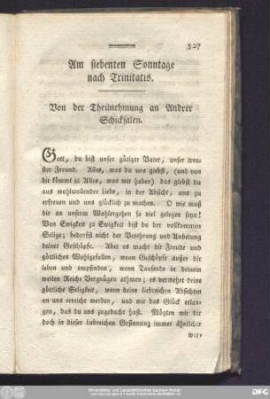 Am siebenten Sonntage nach Trinitatis. Von der Theilnehmung an Andrer Schicksalen.